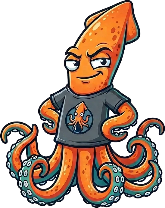 skwid, an orange squid in a grey tee with hands on hips